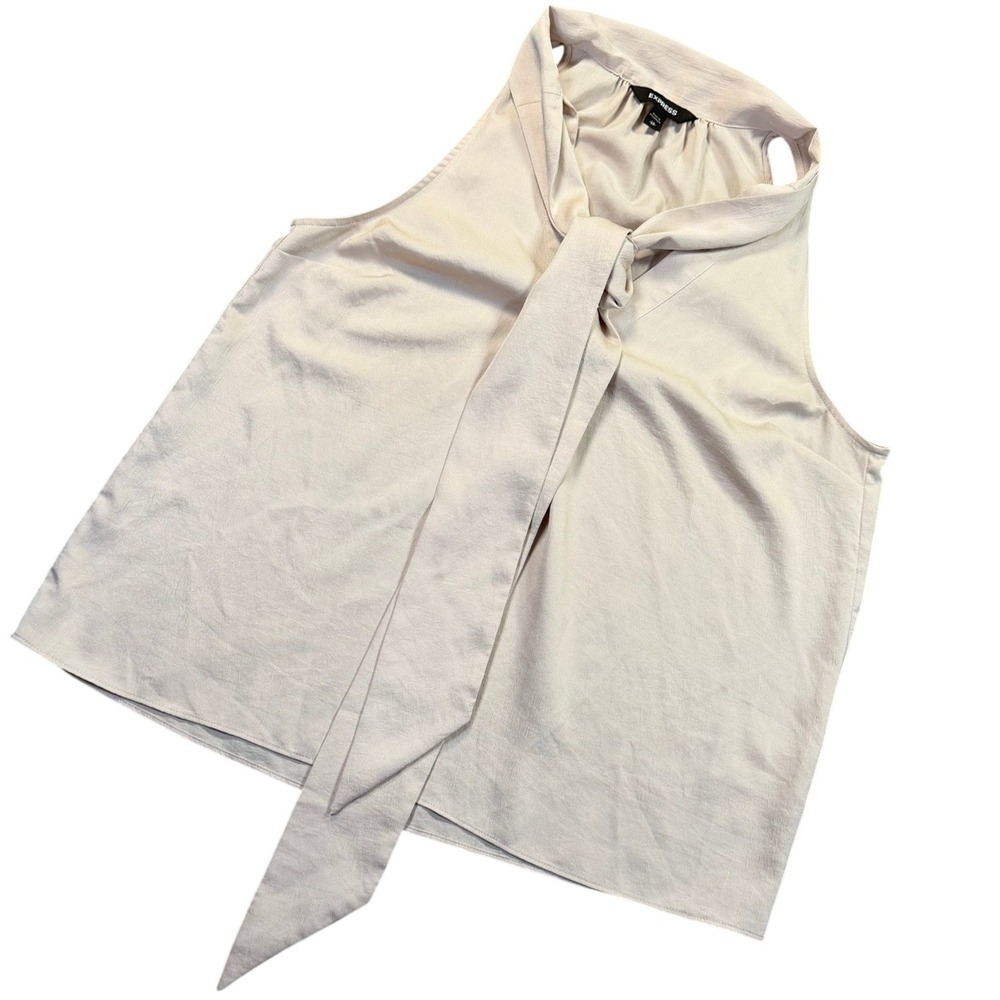 Express Tie Neck Halter Top Womens XS Beige Sleeveless Blouse Work Office‎